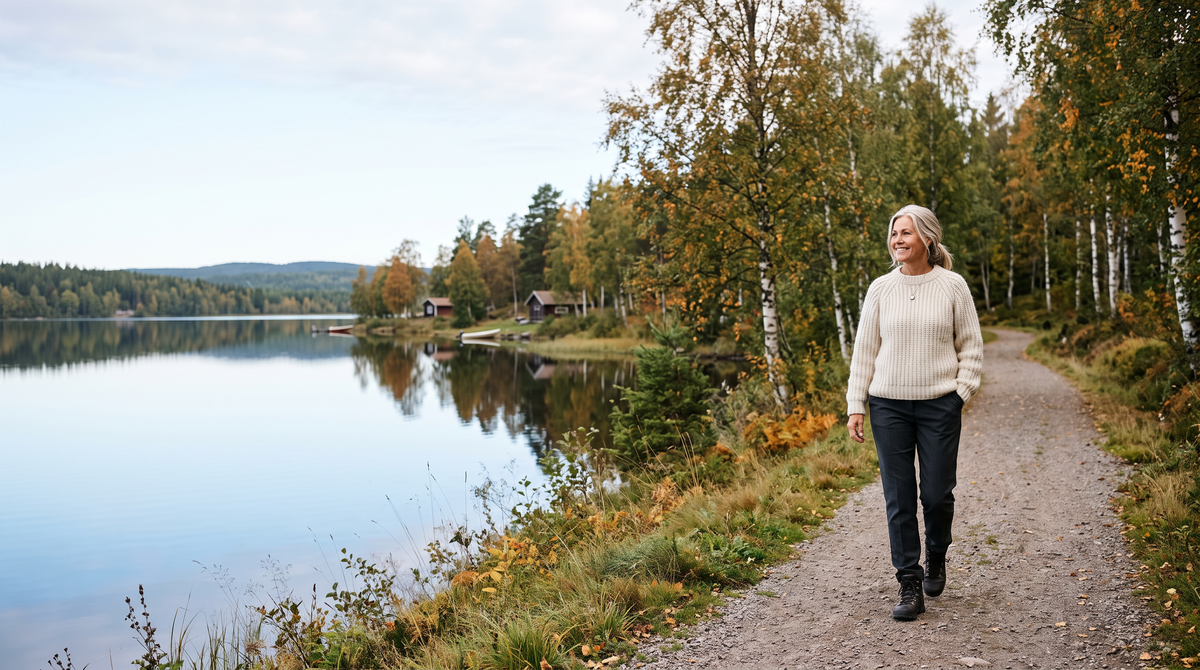 Kvinna på promenad vid en sjö